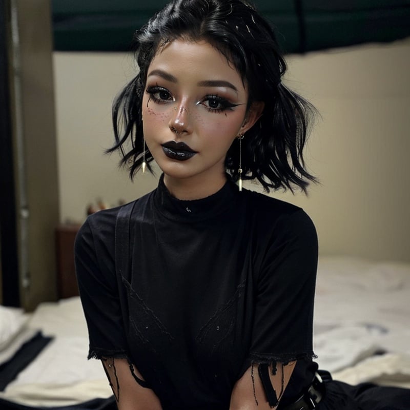 1girl,<lora:egirlmakeup:0.9>,egirlmakeup,avatar \(ff14\), black skin, earrings, upper body,blurry background,realistic,short hair, black hair,black dress,indoors,