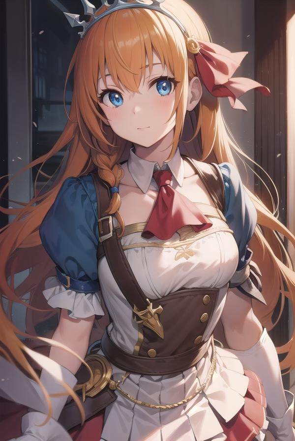 pecorine, <lora:pecorine-lora-nochekaiser:1>,pecorine, blue eyes, hair ornament, long hair, orange hair, tiara, braid, hair braid,BREAK arm belt, armor, ascot, blue socks, boots, dress, gloves, hair ornament, open clothes, open dress, pauldrons, pleated skirt, puffy short sleeves, puffy sleeves, red ascot, red skirt, short sleeves, shoulder armor, single pauldron, skirt, socks, white dress, white footwear, white gloves,BREAK looking at viewer, full body,BREAK outdoors,BREAK <lyco:GoodHands-beta2:1>, (masterpiece:1.2), best quality, high resolution, unity 8k wallpaper, (illustration:0.8), (beautiful detailed eyes:1.6), extremely detailed face, perfect lighting, extremely detailed CG, (perfect hands, perfect anatomy),