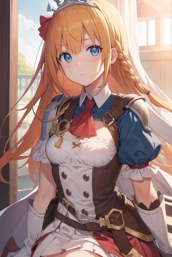 pecorine, <lora:pecorine-lora-nochekaiser:1>,pecorine, blue eyes, hair ornament, long hair, orange hair, tiara, braid, hair braid,BREAK arm belt, armor, ascot, blue socks, boots, dress, gloves, hair ornament, open clothes, open dress, pauldrons, pleated skirt, puffy short sleeves, puffy sleeves, red ascot, red skirt, short sleeves, shoulder armor, single pauldron, skirt, socks, white dress, white footwear, white gloves,BREAK looking at viewer, full body,BREAK outdoors,BREAK <lyco:GoodHands-beta2:1>, (masterpiece:1.2), best quality, high resolution, unity 8k wallpaper, (illustration:0.8), (beautiful detailed eyes:1.6), extremely detailed face, perfect lighting, extremely detailed CG, (perfect hands, perfect anatomy),