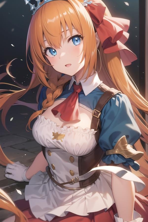 pecorine, <lora:pecorine-lora-nochekaiser:1>,pecorine, blue eyes, hair ornament, long hair, orange hair, tiara, braid, hair braid,BREAK arm belt, armor, ascot, blue socks, boots, dress, gloves, hair ornament, open clothes, open dress, pauldrons, pleated skirt, puffy short sleeves, puffy sleeves, red ascot, red skirt, short sleeves, shoulder armor, single pauldron, skirt, socks, white dress, white footwear, white gloves,BREAK looking at viewer, full body,BREAK outdoors,BREAK <lyco:GoodHands-beta2:1>, (masterpiece:1.2), best quality, high resolution, unity 8k wallpaper, (illustration:0.8), (beautiful detailed eyes:1.6), extremely detailed face, perfect lighting, extremely detailed CG, (perfect hands, perfect anatomy),