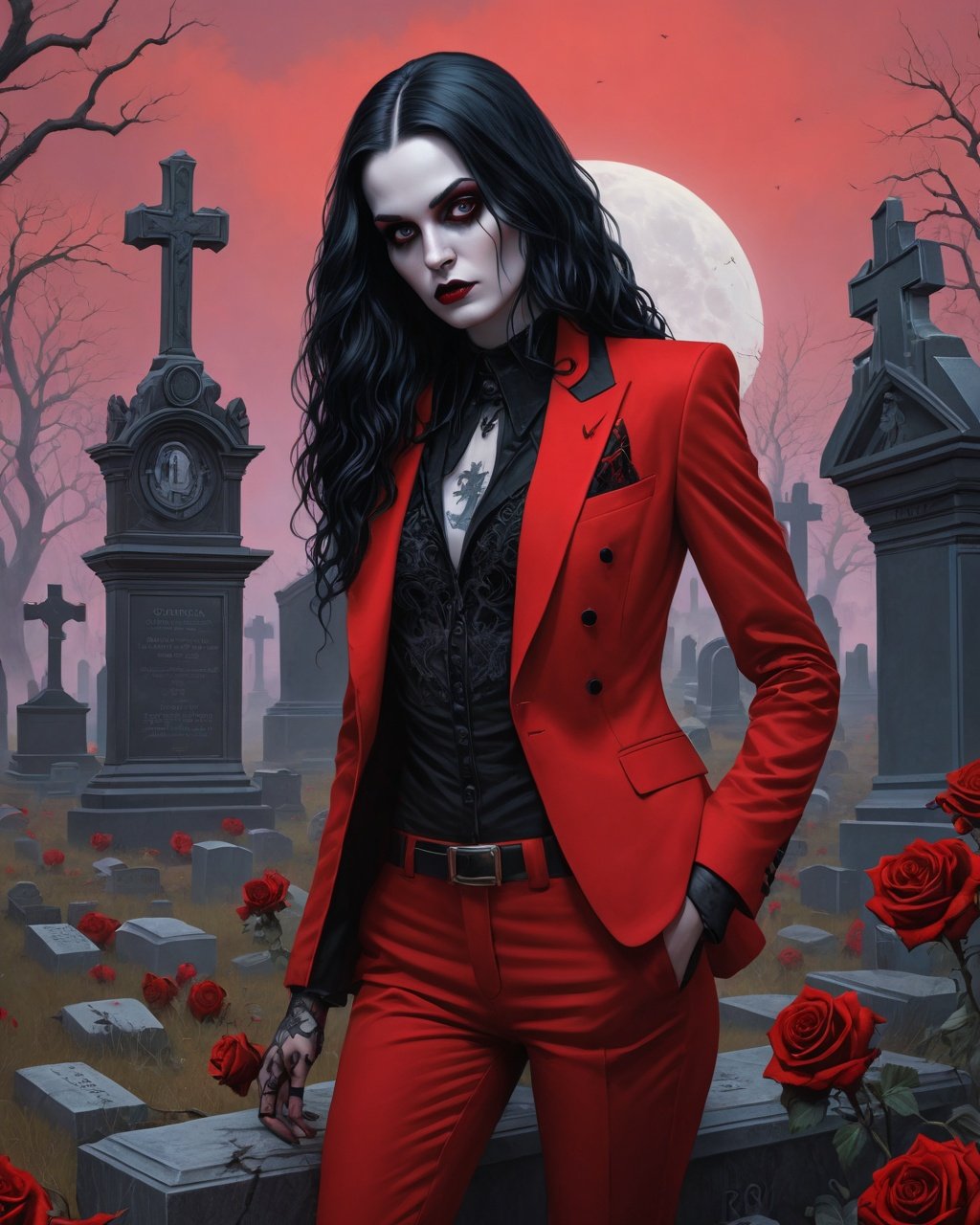 (Cinematic Digital Artwork:1.3) of (Ultra detailed:1.3) comic breathtaking graveyard, detailed, realistic, 8k uhd, high quality (((wearing sexy red suit)) ,(by Artist Christopher Balaskas:1.3),(by Artist Huang Guangjian:1.3),(by Artist James Gurney:1.3),CGSociety,ArtStation,(Lowbrow Art:1.3),(Nu Goth Art:1.3),(Pastel Goth Art:1.3)