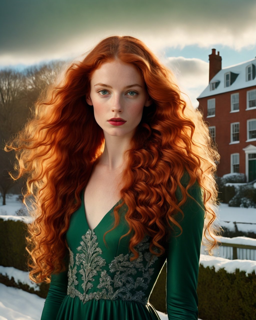 beautiful 23-year-old woman with very long red wavy hair, elegant dress, photo by David LaChapelle, amber and green, volumetric lighting, outdoors, half body photography, cloudy winter, realistic, photorealistic, afternoon, highly detailed, 4k resolution, high definition, by Saul Leiter,