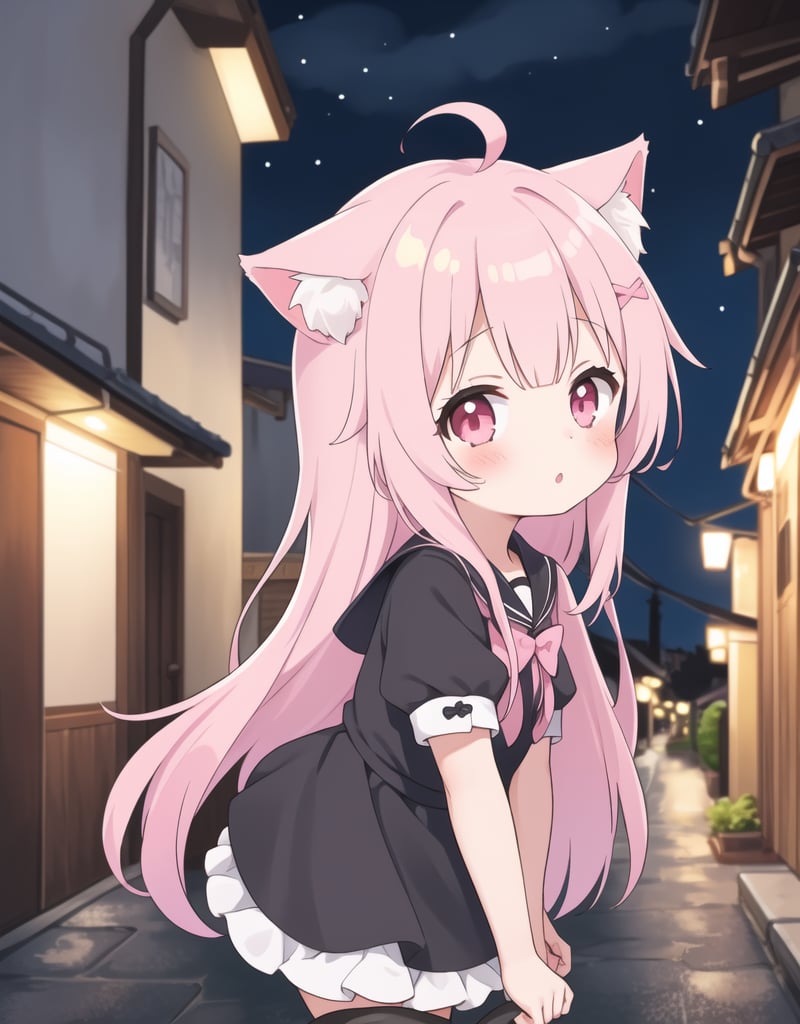 (1girl, loli), looking at viewer, night, alley, cat ears, (pink hair, ahoge)