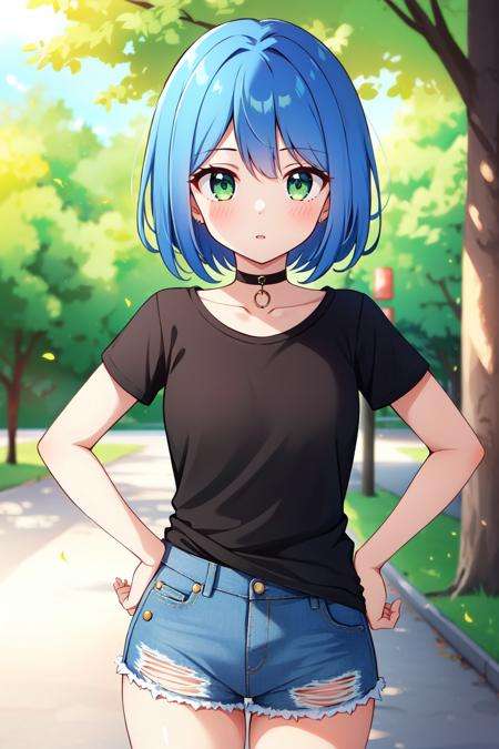 masterpiece, best quality,1girl, short hair, blue hair, green eyes, shirt, denim shorts, choker,depth of field, speed lines, park, 