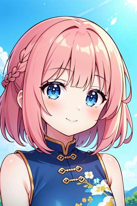 masterpiece, best quality, 1girl, chibi, short hair, pink hair, wavy hair, blue eyes, blunt bangs, china dress, braid, smile, blue sky, portrait, 