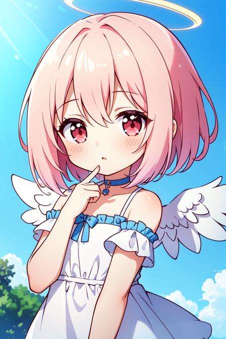 masterpiece, best quality, 1girl, chibi, halo,short hair, blonde hair, pink hair, gradient hair, red eyes, choker, angel wings,depth of field, blue sky,