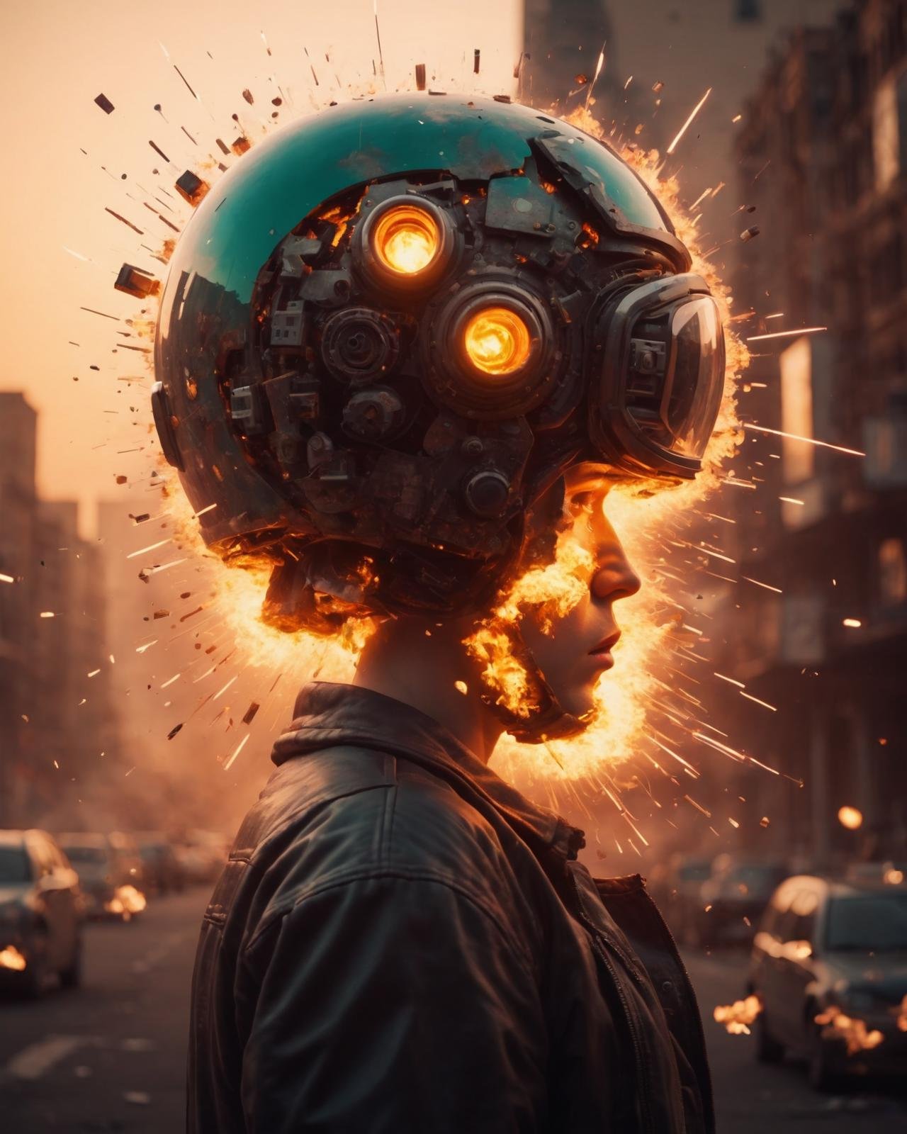 topnotch artstyle, <lora:Explosion Artstyle - Trigger is Explosion Artstyle:.7> explosion artstyle , (a futuristic looking object with a light on it's head and eyes glowing in the background of a background, Beeple, cinema 4 d, a 3D render, retrofuturism:0.5)