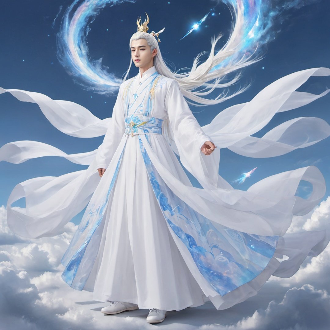 masterpiece, absurdres, highres, ultra detailed, 1 boy, Bun, Long white hair, (using dark magic:1.4), White magic, playful illustrations, (fractal art:0.5), imaginative overlays, artistic fusion, fantastical scenes, evocative narratives, striking visuals, full body, Hanfu, Light blue sky, Behind it is the unicorn, Characters floating in the air, Fly up, A lot of particle special effects., Below the feet is the city, (White shoes:1.2), best quality,(Face me:1.5),A thousand hands