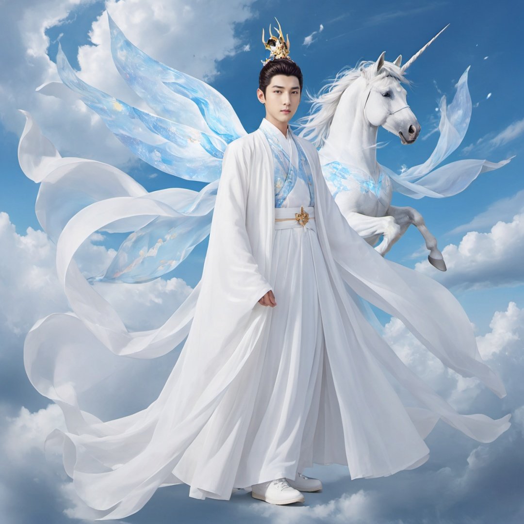 masterpiece, absurdres, highres, ultra detailed, 1 boy, Bundle hair, (using dark magic:1.4), White magic, playful illustrations, (fractal art:0.5), imaginative overlays, artistic fusion, fantastical scenes, evocative narratives, striking visuals, full body, Hanfu, Light blue sky, Behind it is the unicorn, Characters floating in the air, Fly up, A lot of particle special effects., Below the feet is the city, White shoes, best quality,(Face me:1.5),A thousand hands