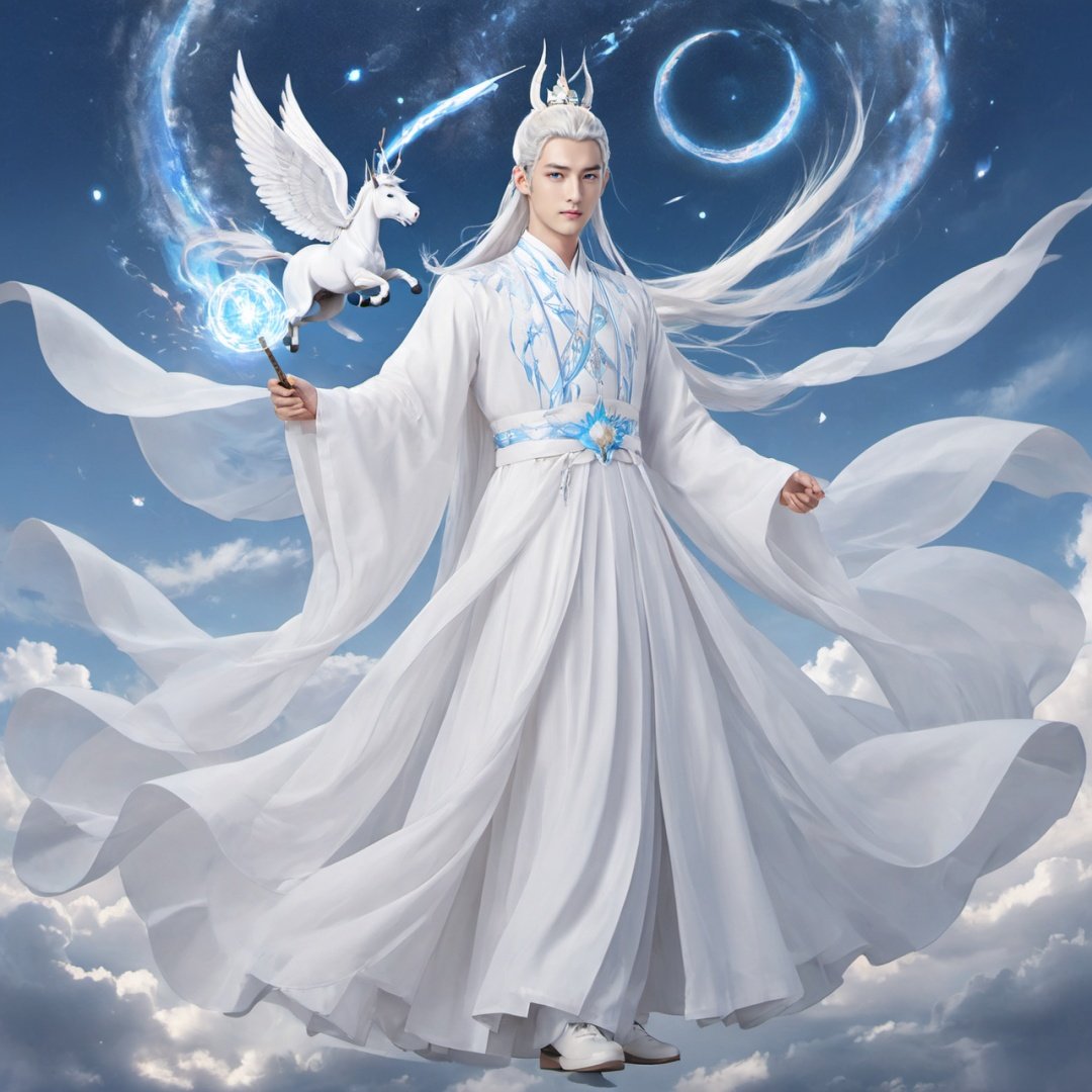 masterpiece, absurdres, highres, ultra detailed, 1 boy, Bun, Long white hair, (using dark magic:1.4), White magic, playful illustrations, (fractal art:0.5), imaginative overlays, artistic fusion, fantastical scenes, evocative narratives, striking visuals, full body, Hanfu, Light blue sky, Behind it is the unicorn, Characters floating in the air, Fly up, A lot of particle special effects., Below the feet is the city, (White shoes:1.2), best quality,(Face me:1.5),A thousand hands