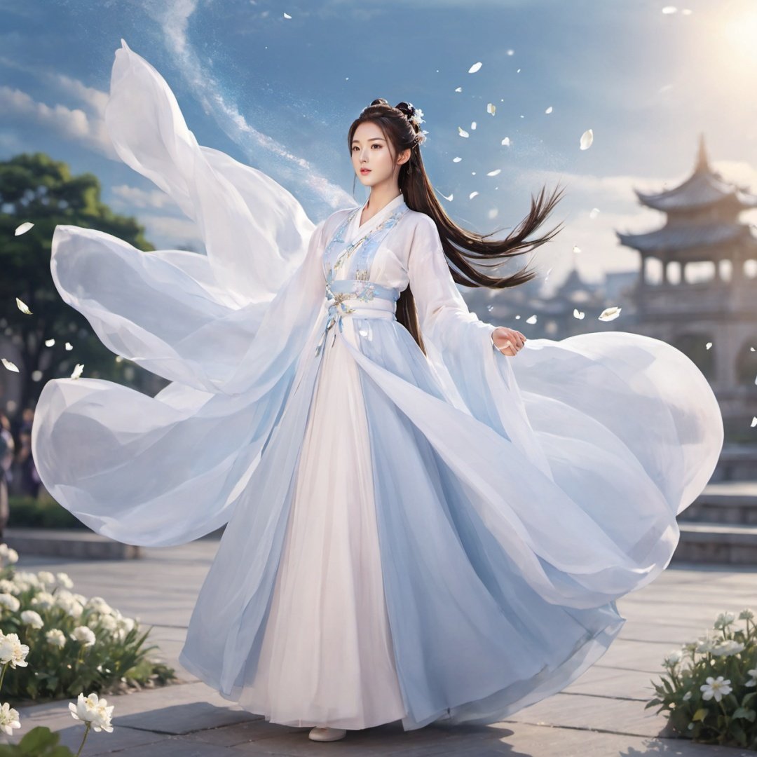 masterpiece, 1girl, Look at me, Handsome, Long hair, Bun, Hanfu, Fly up, Use Holy Light magic, Fantasy art, A fantastic scene, Outdoor, The sky, Under your feet is the city., Light and shadow, Floating petals, Lots of particle effects, Plenty of white flowers, textured skin, super detail, best quality