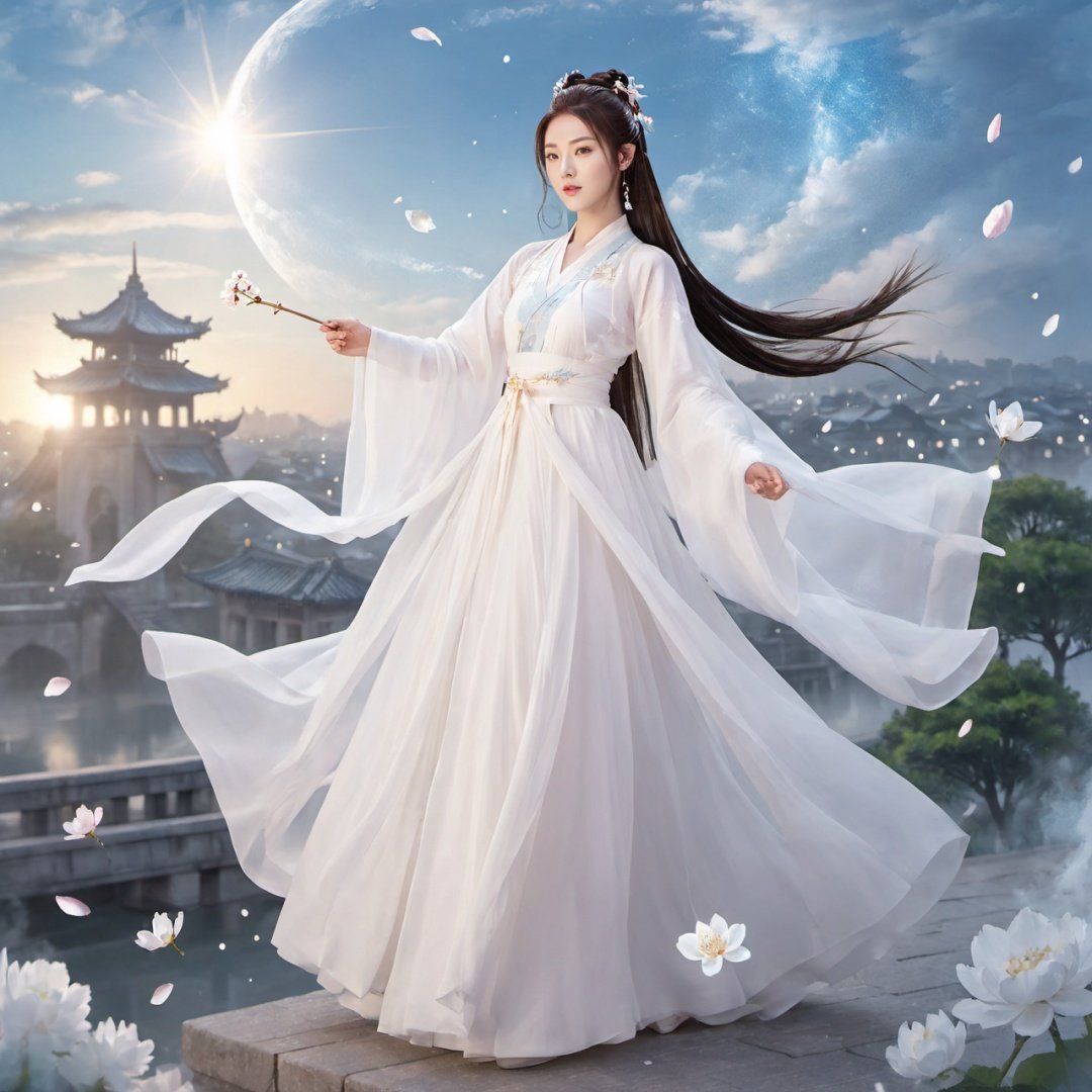 masterpiece, 1girl, Look at me, Handsome, Long hair, Bun, Hanfu, Fly up, Use Holy Light magic, Fantasy art, A fantastic scene, Outdoor, The sky, Under your feet is the city., Light and shadow, Floating petals, Lots of particle effects, Plenty of white flowers, textured skin, super detail, best quality,True Love