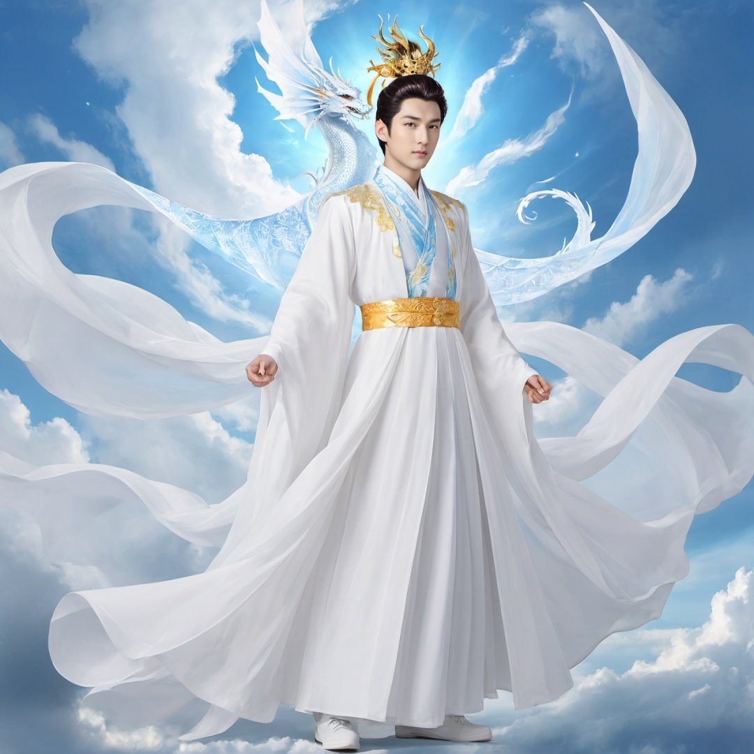 masterpiece, absurdres, highres, ultra detailed, 1 boy, Bundle hair, (using dark magic:1.4), White magic, playful illustrations, (fractal art:0.5), imaginative overlays, artistic fusion, fantastical scenes, evocative narratives, striking visuals, full body, Hanfu, Light blue sky, Behind it is a golden dragon, Characters floating in the air, Fly up, A lot of particle special effects., best quality,(Face me:1.4)