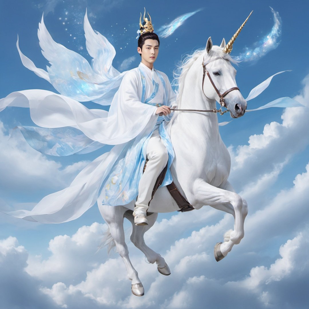 masterpiece, absurdres, highres, ultra detailed, 1 boy, Bundle hair, (using dark magic:1.4), White magic, playful illustrations, (fractal art:0.5), imaginative overlays, artistic fusion, fantastical scenes, evocative narratives, striking visuals, full body, Hanfu, Light blue sky, Behind it is the unicorn, Characters floating in the air, Fly up, A lot of particle special effects., Below the feet is the city, White shoes, best quality