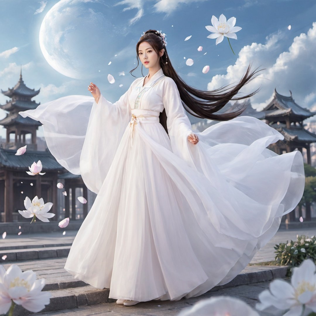 masterpiece, 1girl, Look at me, Handsome, Long hair, Bun, Hanfu, Fly up, Use Holy Light magic, Fantasy art, A fantastic scene, Outdoor, The sky, Under your feet is the city., Light and shadow, Floating petals, Lots of particle effects, Plenty of white flowers, textured skin, super detail, best quality,