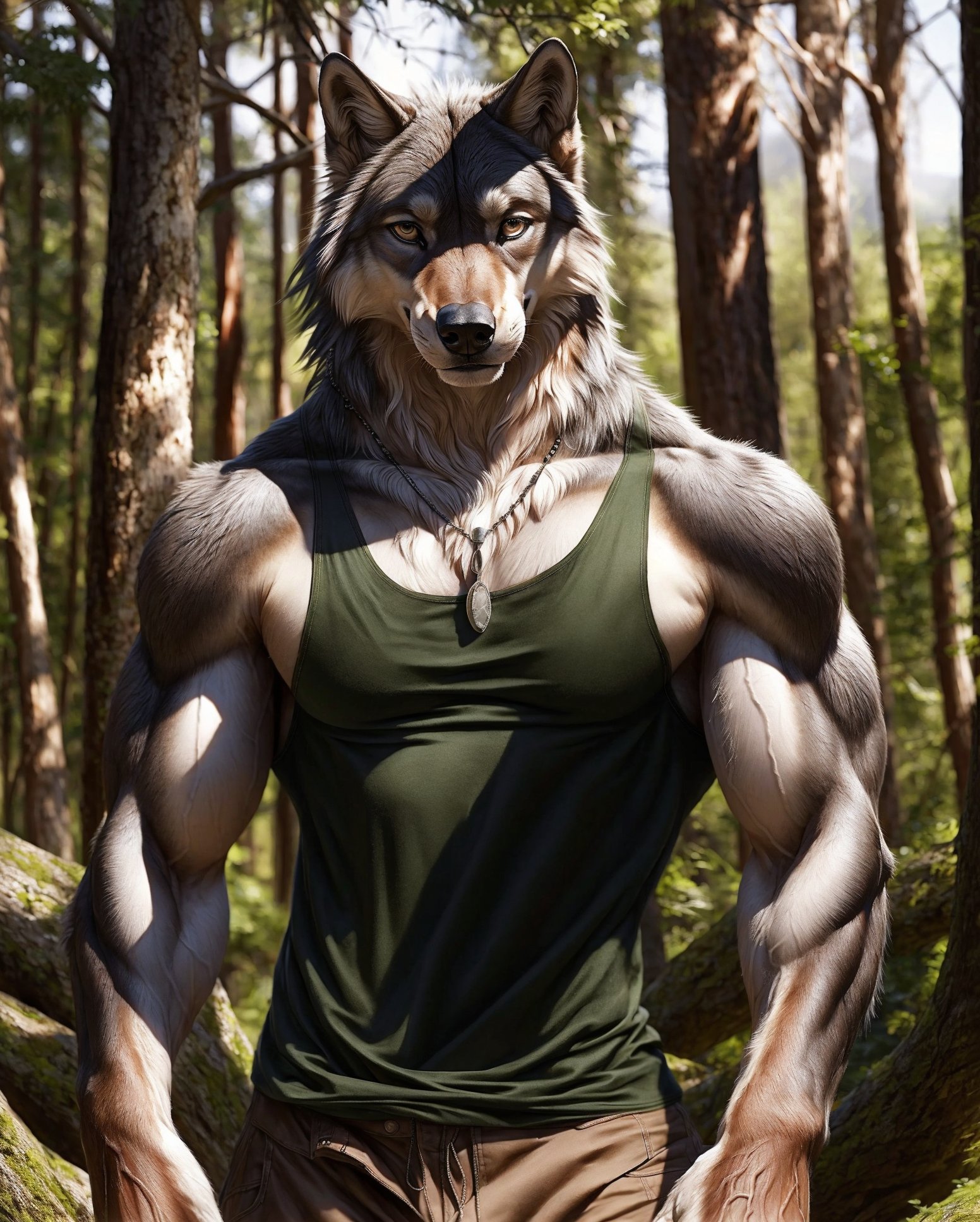 anthro, wolf, male, seductive pose, adult, veiny muscles, muscular, tank top, pants, necklace, realistic fur, detailed background, wilderness background, realistic, photorealistic, ultra realistic, 8k,