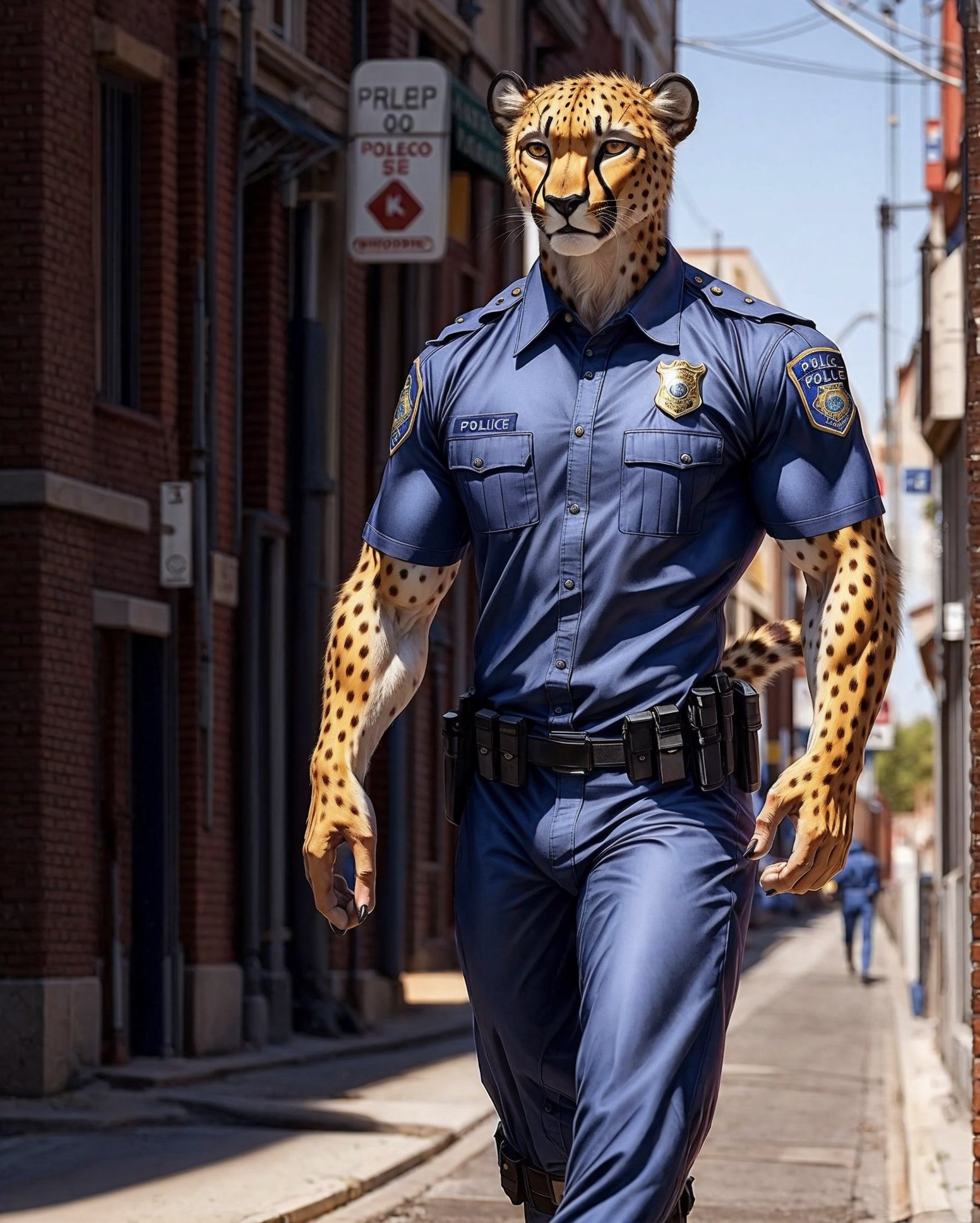 anthro, cheetah, male, adult, muscular, veiny muscles, police uniform, realistic fur, detailed background, street background, realistic, photorealistic, ultra realistic, 8k,