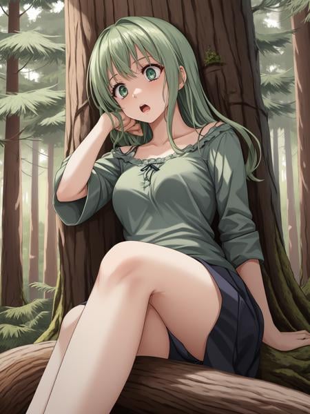 1girl, sitting, leaned back, forest, tree, medium breasts, eexpr <lora:eExpressions2-000008:0.95>, (scared:1.1), afraid, shockedBREAK<lora:co epiNoiseoffset_v3:1.5>