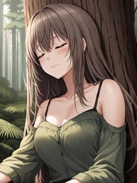 1girl, sitting, leaned back, forest, tree, medium breasts, eexpr <lora:eExpressions2-000008:0.95>, wavy mouth, frown, shaded face, closed eyes, BREAK<lora:co epiNoiseoffset_v3:1.5>