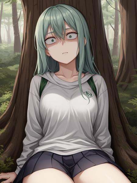 1girl, sitting, leaned back, forest, tree, medium breasts, eexpr <lora:eExpressions2-000008:0.95>, disgust, (constricted pupils:1.25), BREAK<lora:co epiNoiseoffset_v3:1.5>