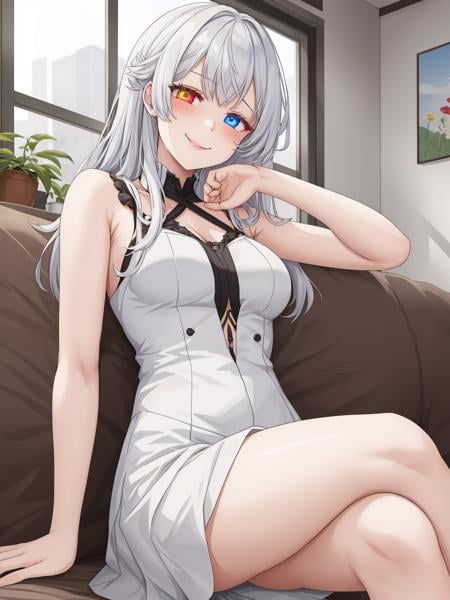 1girl, sitting, leaned back, indoors, (heterochromia:1.1), medium breasts, eexpr <lora:eExpressions2-000008:0.8>, smile, half-closed eyes, BREAK<lora:co epiNoiseoffset_v3:1.5>