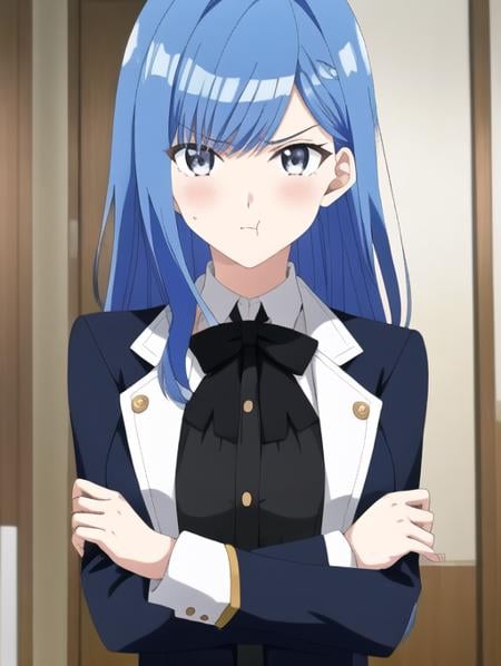 eufoniuz, anime screencap, looking at viewer, upper body portrait, 1girl, pout, mad, crossed arms, breasts, huge breasts, Honolulu Blue hair, (asymmetrical bangs, messy hair:1.3), gray eyes, wearing tuxedo, black tie, jacket, buttondown shirt, black pants with no jewelry or neckwear, atoutdoors and (cloudy sky:1.0), incredibly absurdres, 8k wallpaper, finely detailed background, amazing background