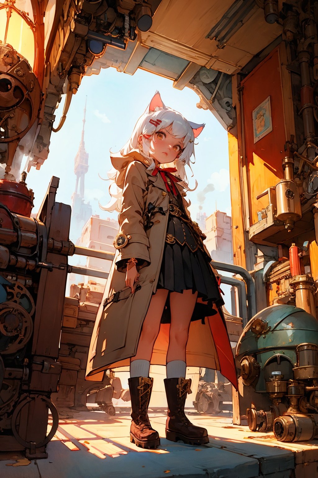 Highly Detailed beautiful and aesthetic,extremely detailed CG unity 8k wallpaper,best quality,ultra-detailed,illustration,painting,(watercolor),(high close up:0.8),(Steampunk:1.1),Age of steam,mechanical,(((an extremely delicate and beautiful girl))),white hair,(golden eyes:1.2),(beautiful detailed eyes),long hair,cinematic angle,(Mechanical Engineer),(cityscape),(coat:1.2),(Leather skirt:1.1),Doc Martens boots,hairclip,hair ribbon,ribbon,ray tracing,((red eyes)),cat ears,(two sides up:1.3,BayunLing,white hair,long hair,head ribbon,(petite:1.2),(loli),  