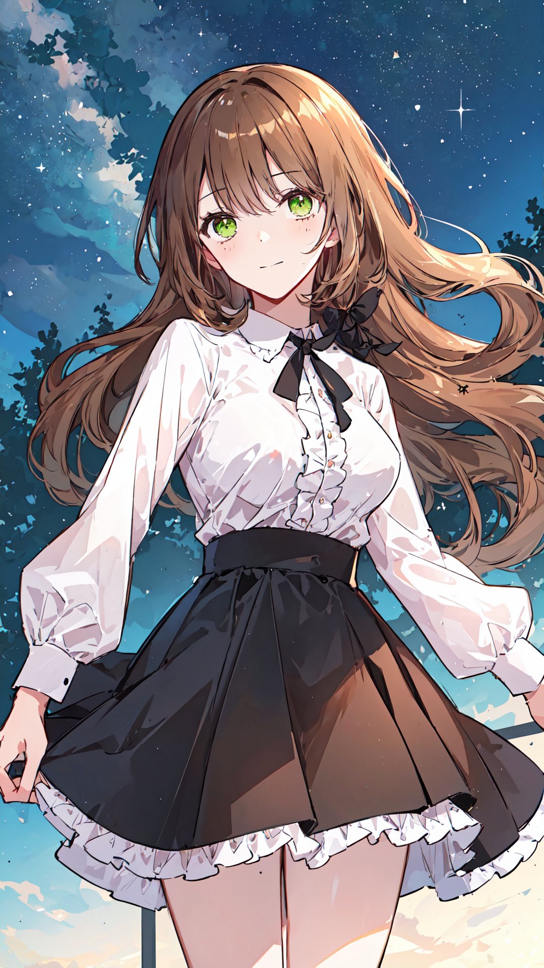 best quality, (masterpiece:1.2), highly detailed, outdoors, night, star (sky),
1girl, solo, standing, slight smile, blush, medium breasts, looking at viewer,
brown hair, long hair, green eyes, white shirt, black ribbon, frills, long sleeves, black skirt, raeliana