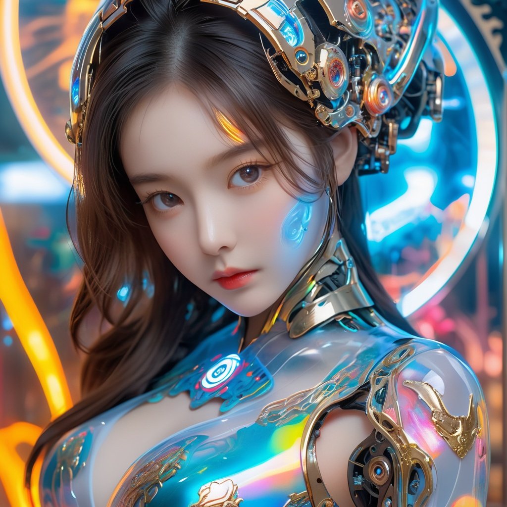 a transparent porcelain android looking at viewer, 1cyborg girl, 17yo, transparent body, revealing a transparent panel, beautiful face, mechanical ribs, glowing fluid energy flowing through mecha veins, with vibrant colors, fine luster, (masterpiece, best quality:1.4), Pohot, photograph, RAW photo, professional, , Naturalbody, qipao, , , , , 