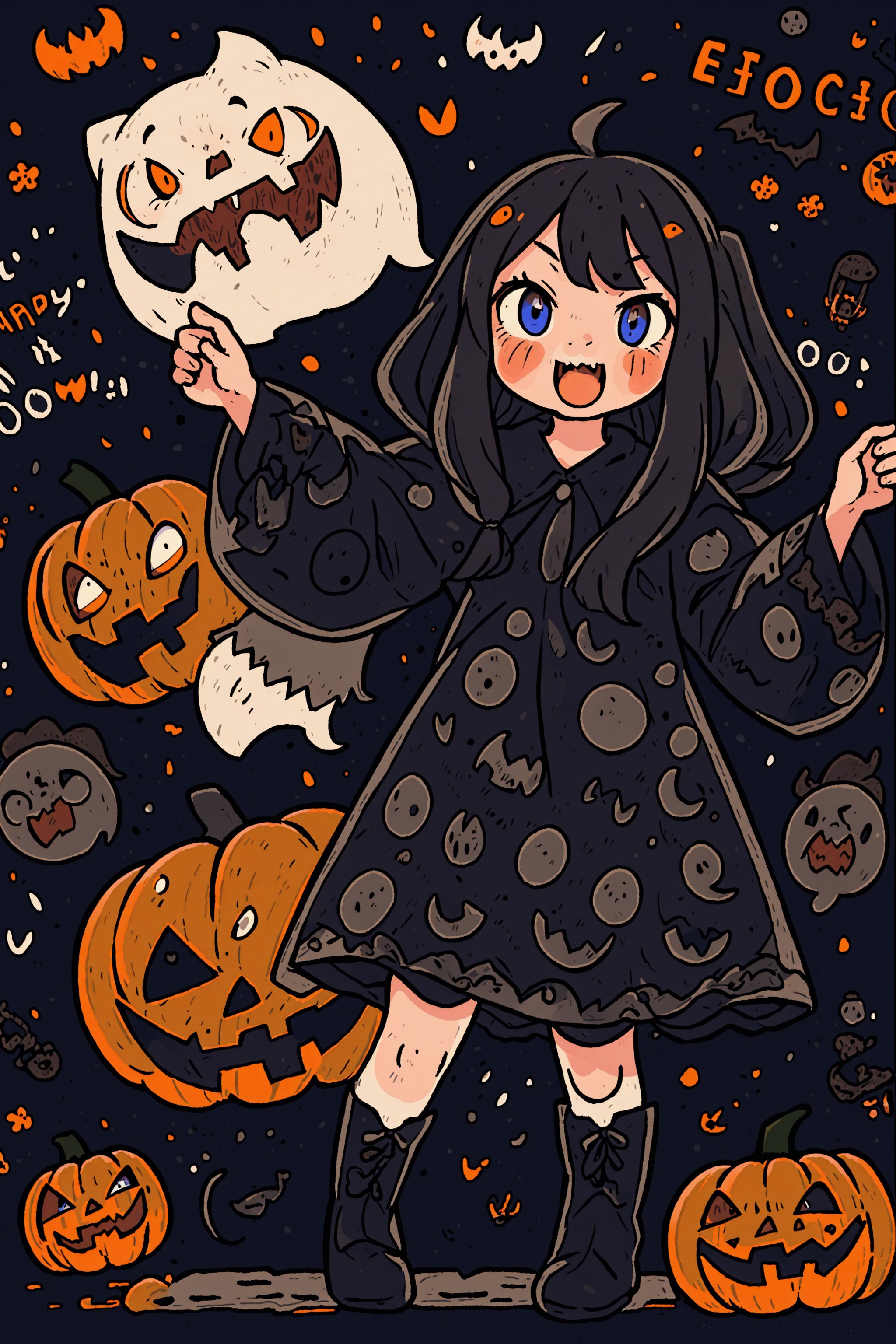 anime illustration, best shadows, halloween, pumpkins, ghosts, fangs, black lacy dress, black thigh boots, ann takamaki [persona], 1girl, happy expression, black twintails, blue eyes, scary pose with "happy halloween" word displayed
