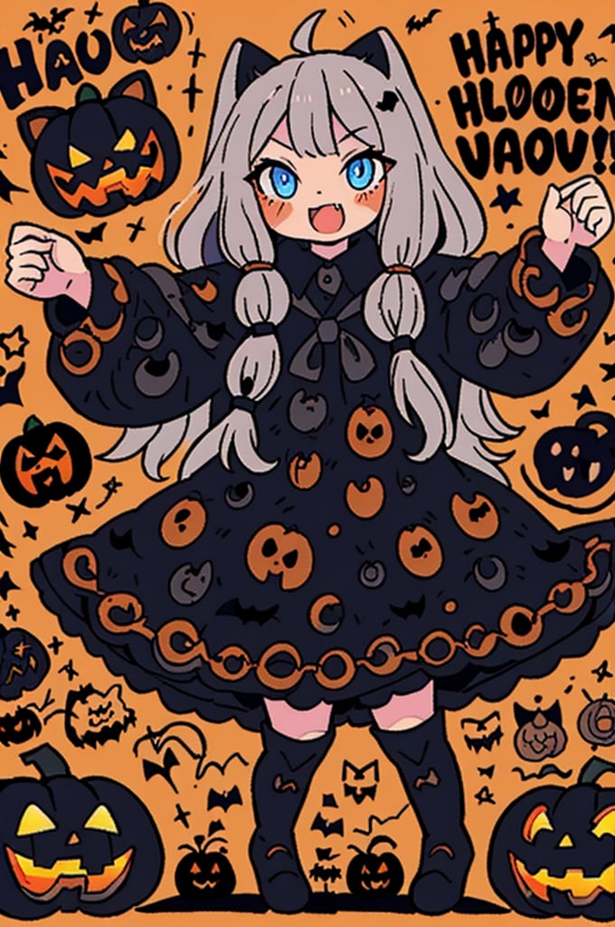 anime illustration, best shadows, halloween, pumpkins, ghosts, fangs, black lacy dress, black thigh boots, ann takamaki [persona], 1girl, happy expression, black twintails, blue eyes, scary pose with "happy halloween" word displayed
