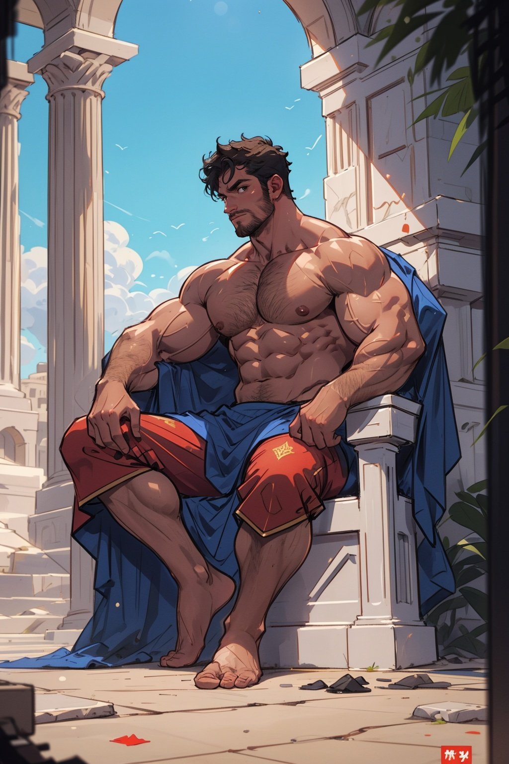 1guy, solo,(front view:1.2),35 years old,huge muscle,bodybuilder,full body,sitting on throne,muscular,topless male,greek ,emperor, palace,barefoot, looking at viewer, 