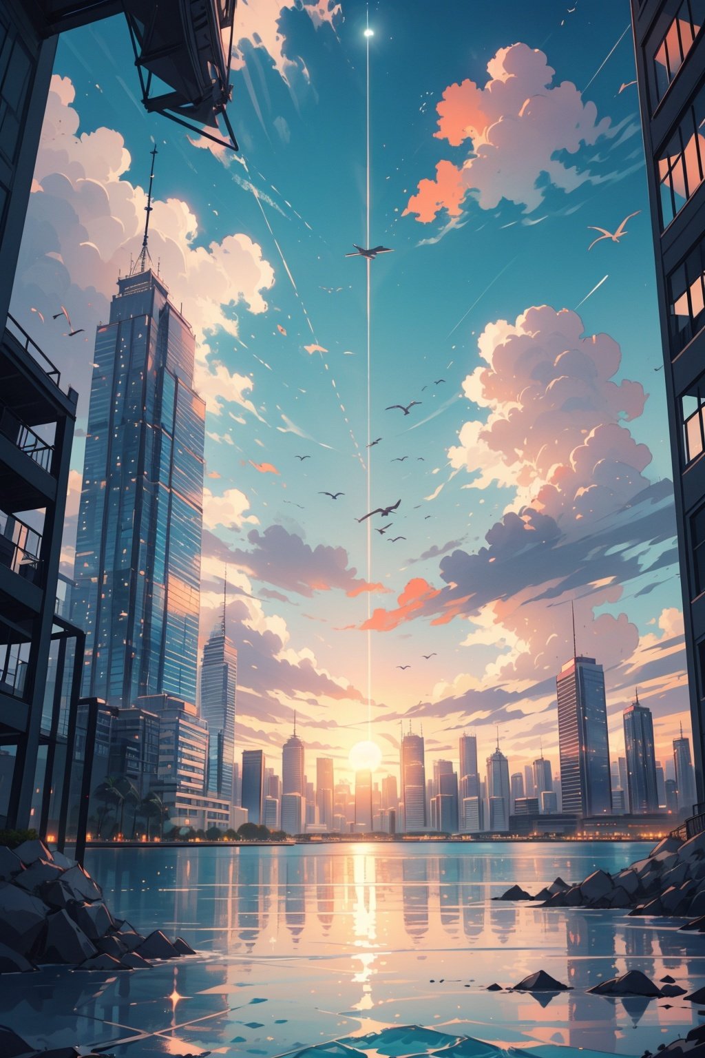 no humans, cloud, scenery, sky, cityscape, city, sunset, outdoors, skyscraper, building, water, skyline, cloudy sky, ocean, sun, horizon