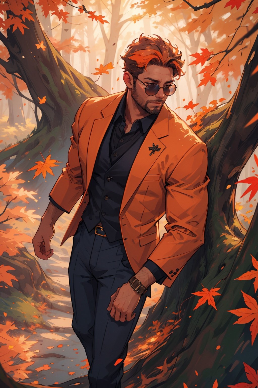 masterpiece,best quality,highres,4k,from above,1man,stubble,muscular,Mongolia,50 years old,suit pants,A colorful autumn landscape, with trees adorned in vibrant shades of red, orange, and gold.,volume light,depth of field,