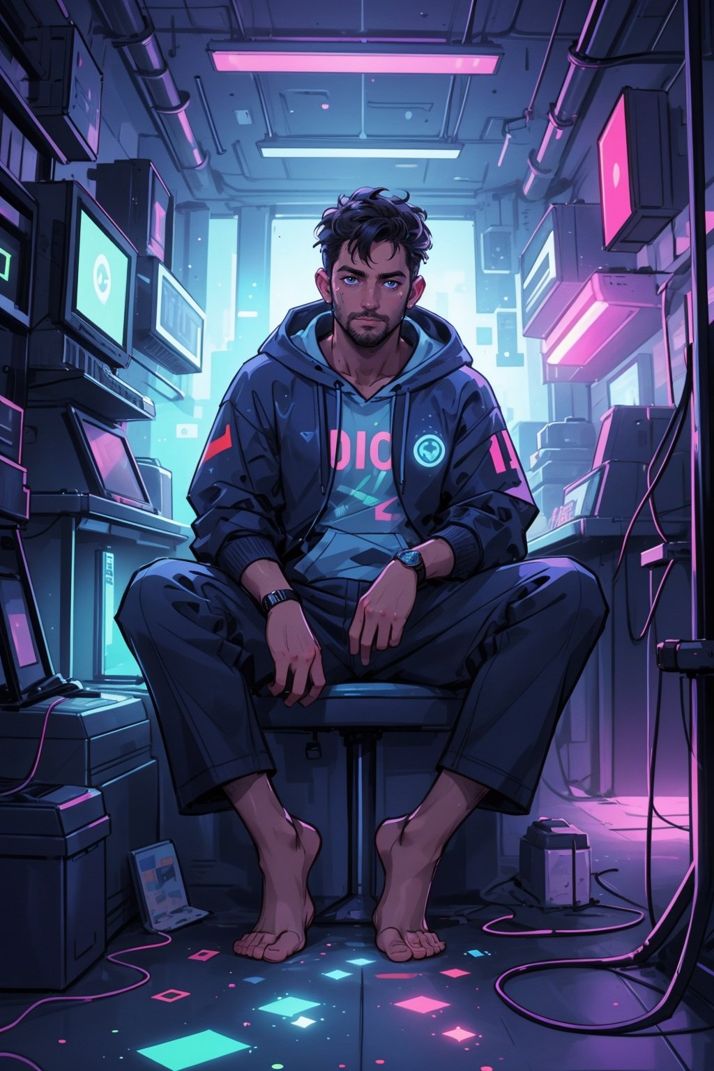 city pop,stubble, looking at viewer, full body, indoors,sitting on ground,neon,hoodie, cyberpunk, science fiction, holographic monitor, barefoot, 