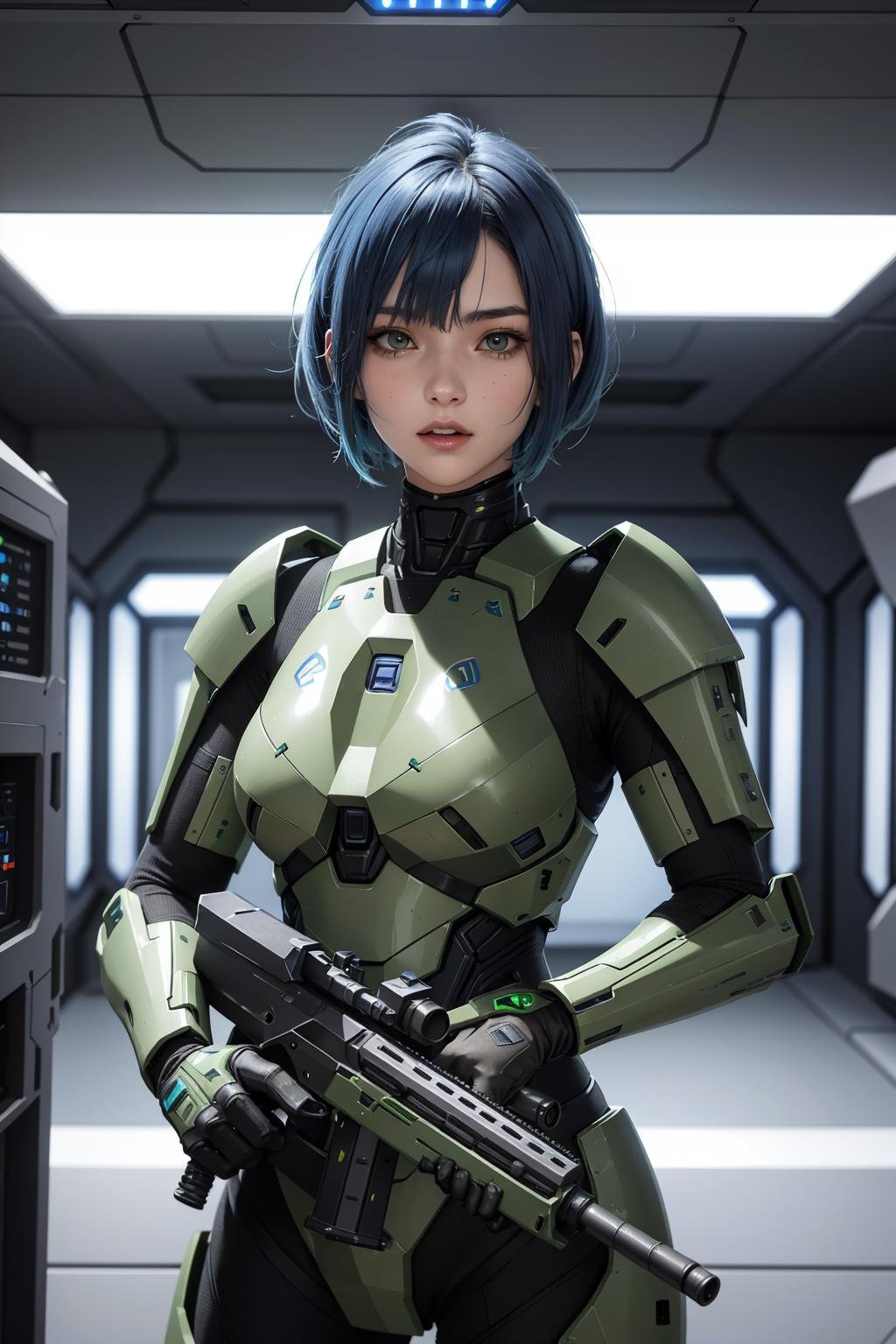 A 21 year old female with short blue hair wearing green mark IV armor from Halo holding a BR55 battle rifle inside futuristic space station