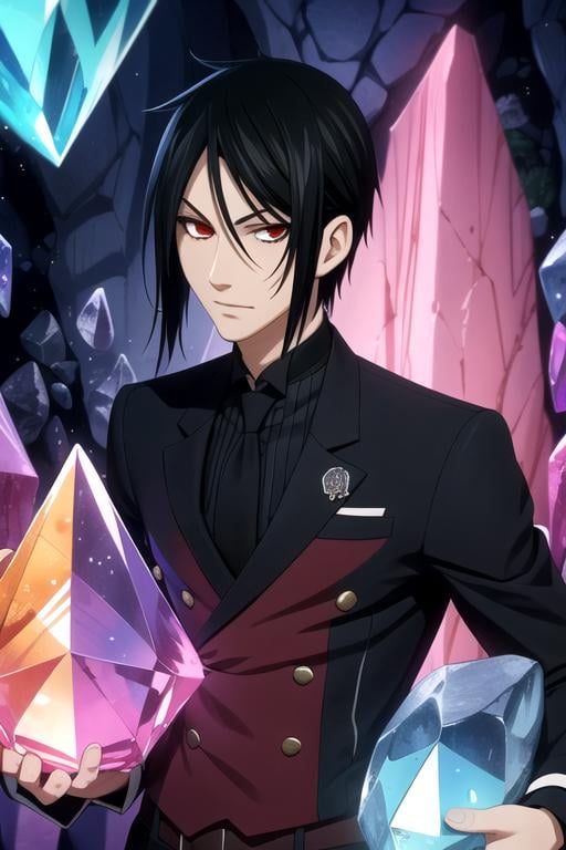 masterpiece, best quality, wallpaper, 1boy, solo, male focus, looking at viewer, , , , , <lora:sebastian_michaelis:0.70>, sebastian_michaelis, black hair, red eyes, fairy tale costume, The Crystal Cave: A fantastical place where gemstones and crystals grow in abundance,