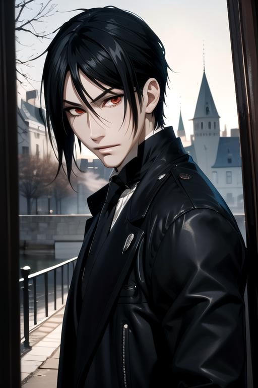 masterpiece, best quality, illustration, 1boy, solo, male focus, looking at viewer, , depth of field, anime coloring, , <lora:sebastian_michaelis:0.72>, sebastian_michaelis, black hair, red eyes, , The Castle of Shadows, HDR