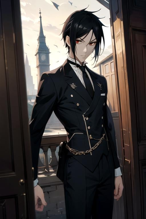 masterpiece, best quality, illustration, 1boy, solo, male focus, looking at viewer, , depth of field, anime coloring, , <lora:sebastian_michaelis:0.74>, sebastian_michaelis, black hair, red eyes, french costume, tower, HD-DVD