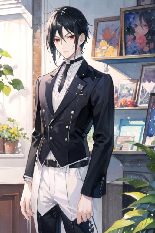 masterpiece, best quality, game cg, 1boy, solo, male focus, looking at viewer, , , (watercolor illustration, soft pastel colors:1.1), , <lora:sebastian_michaelis:0.72>, sebastian_michaelis, black hair, red eyes, candy costume, summer, HD-DVD