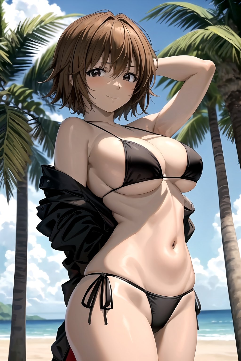 masterpiece,  best quality,  best aesthetic,  anime,  ultra detailed, mao_miko, 1girl, solo, short hair, brown hair, black eyes, (large breasts:1.3), (wide hips:1.2), (black bikini, string bikini:1.2), cowboy shot, looking at viewer, front view, (smile, closed mouth:1.2), outdoors, beach, palm tress, horizon