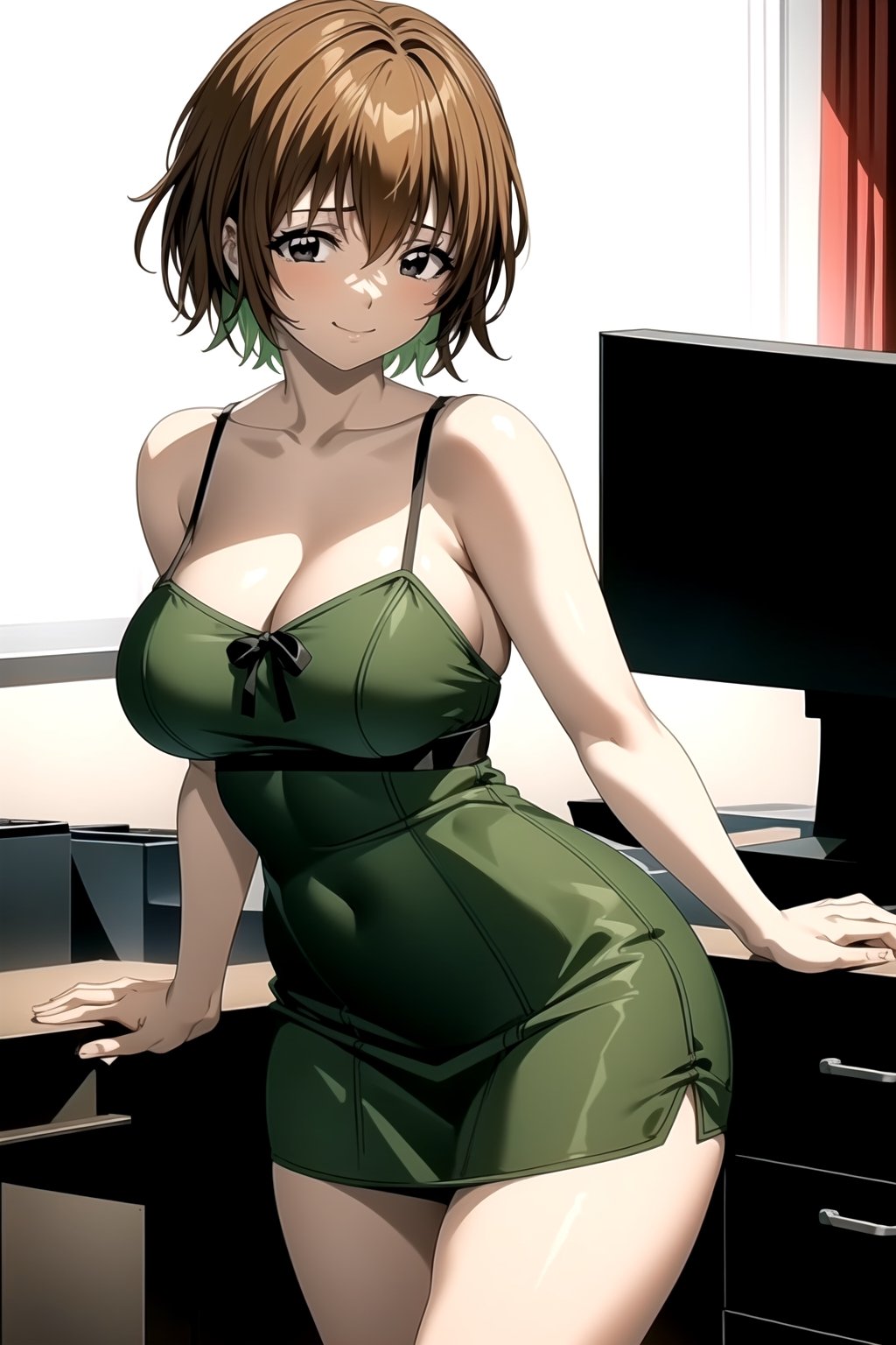 masterpiece,  best quality,  best aesthetic,  anime,  ultra detailed, mao_miko, 1girl, solo, short hair, brown hair, black eyes, collarbone, (large breasts:1.3), (wide hips:1.2), (short dress, light green dress, sundress:1.2), sleeveless, cleavage, cowboy shot, standing, looking at viewer, front view, (smile, closed mouth:1.2), indoors, office, computer, chairs