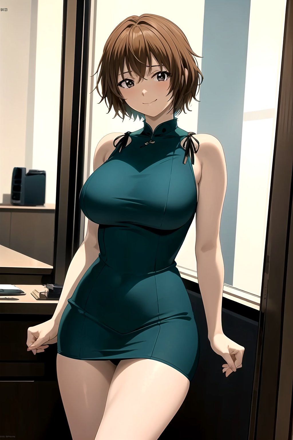 masterpiece,  best quality,  best aesthetic,  anime,  ultra detailed, mao_miko, 1girl, solo, short hair, brown hair, black eyes, (large breasts:1.3), (wide hips:1.2), (short dress, teal dress, sundress:1.2), cowboy shot, standing, looking at viewer, front view, (smile, closed mouth:1.2), indoors, office, computer, chairs