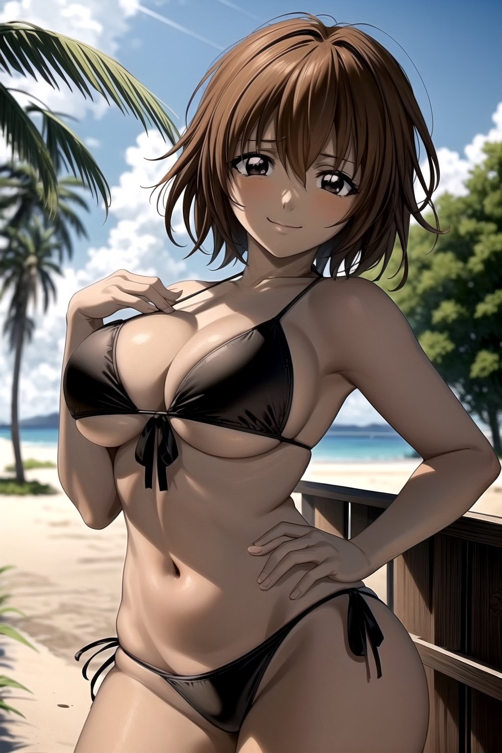 masterpiece,  best quality,  best aesthetic,  anime,  ultra detailed, mao_miko, 1girl, solo, short hair, brown hair, black eyes, (large breasts:1.3), (wide hips:1.2), (black bikini, string bikini:1.2), cowboy shot, looking at viewer, front view, (smile, closed mouth:1.2), outdoors, beach, palm tress, horizon