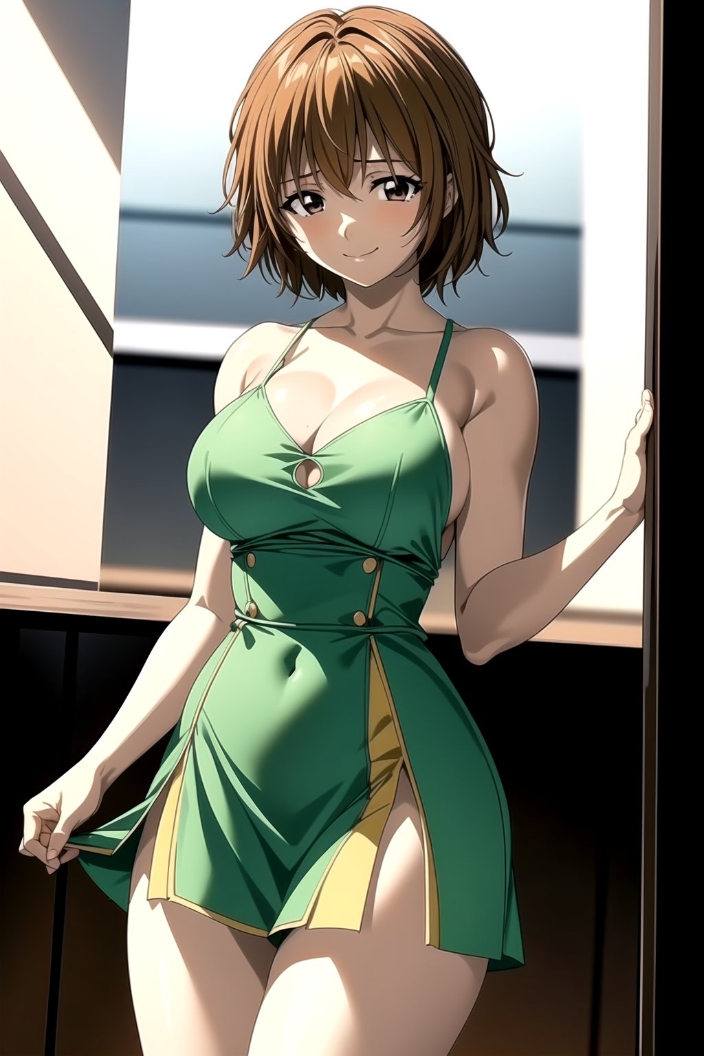 masterpiece,  best quality,  best aesthetic,  anime,  ultra detailed, mao_miko, 1girl, solo, short hair, brown hair, black eyes, collarbone, (large breasts:1.3), (wide hips:1.2), (short dress, light green dress, sundress, sleeveless:1.2), cleavage, cowboy shot, standing, looking at viewer, front view, (smile, closed mouth:1.2), indoors, office, computer, chairs