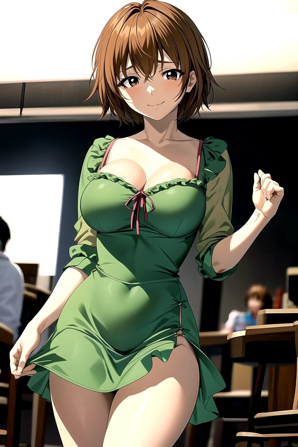 masterpiece,  best quality,  best aesthetic,  anime,  ultra detailed, mao_miko, 1girl, solo, short hair, brown hair, black eyes, collarbone, (large breasts:1.3), (wide hips:1.2), (short dress, light green dress, sundress:1.2), cleavage, cowboy shot, standing, looking at viewer, front view, (smile, closed mouth:1.2), indoors, office, computer, chairs