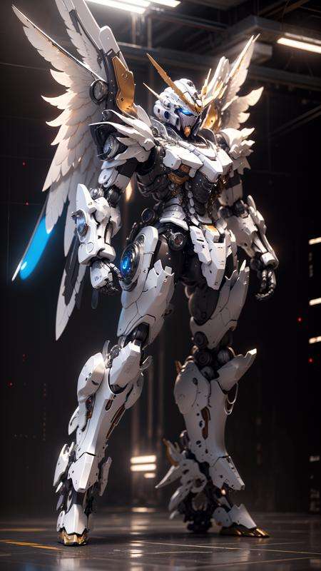 BJ_Gundam, solo,wings, standing, no_humans, glowing, robot, mecha, clenched_hands, science_fiction, looking_ahead,cinematic lighting,strong contrast,high level of detail,Best quality,masterpiece,White background,<lora:Gundam_Mecha_v3.5(4440):0.7>,