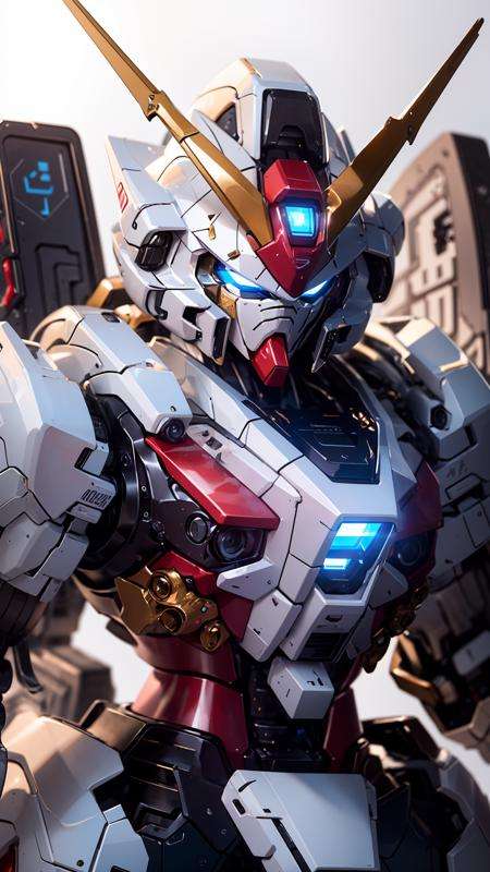 BJ_Gundam, solo, blue_eyes, holding, weapon, holding_weapon, no_humans, glowing, robot, mecha, science_fiction, open_hand, v-fin,cinematic lighting,strong contrast,high level of detail,Best quality,masterpiece,White background,<lora:Gundam_Mecha_v3.5(4440):0.7>,