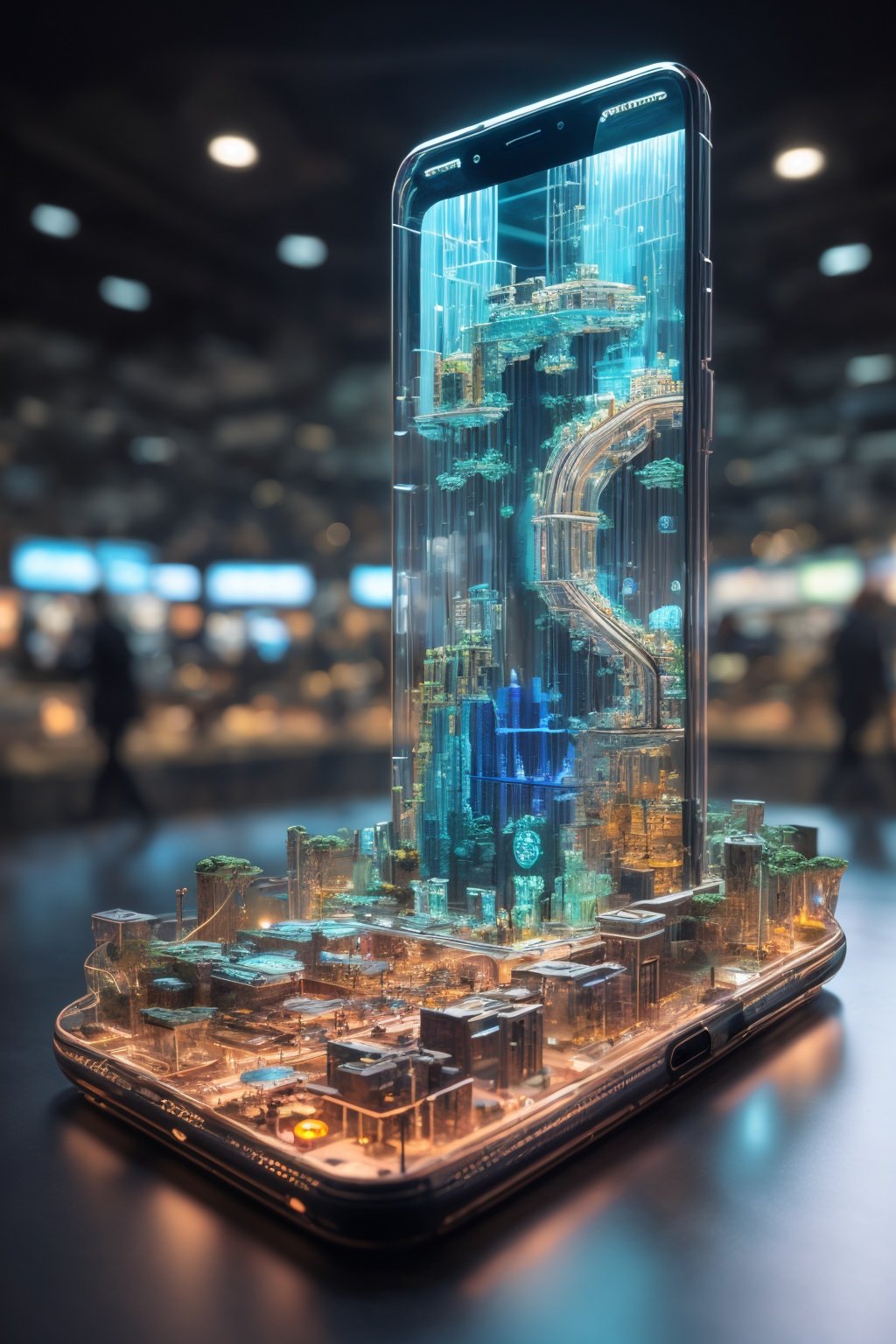 Master's work,of the best quality,a phone from the future,with a transparent shell and cyberpunk circuitry inside.,The 3D projection on the screen creates a three-dimensional and beautiful landscape,<lora:mhsj_20230914230500-000015:0.8>,