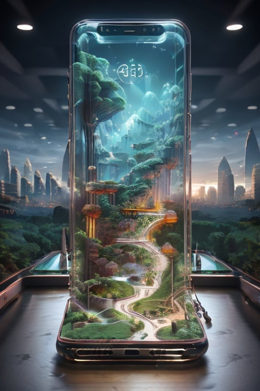 Master's work,of the best quality,a phone from the future,with a transparent shell and cyberpunk circuitry inside. The 3D projection on the screen creates a three-dimensional and beautiful landscape,<lora:mhsj_20230914230500:0.8>,